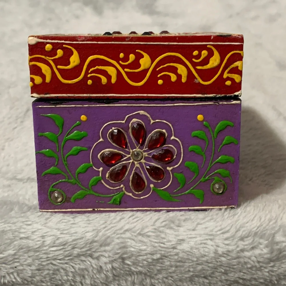 World Market Hand Painted Horse Jewelry Trinket Box Mango Wood India Gem Accents